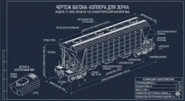 Технический чертёж вагона-хоппера 19-3058 для перевозки зерна